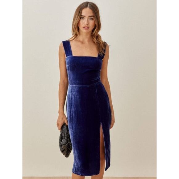 REFORMATION Navy Sleeveless Midi Dress Velvet Square Neck High Slit Danube NWT - Picture 2 of 14